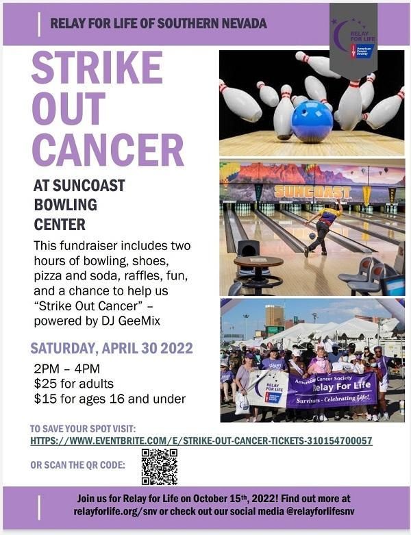 A poster for strike out cancer at suncoast bowling center.
