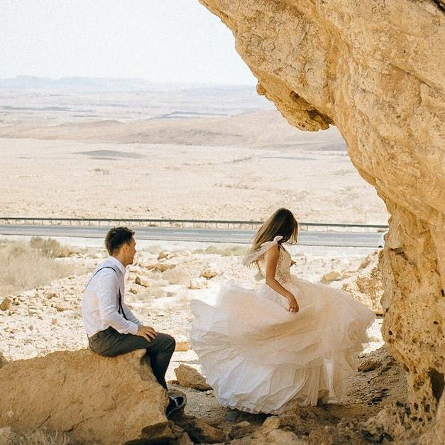 Wedding Couple in desert scape wedding photo for summer wedding in desert.