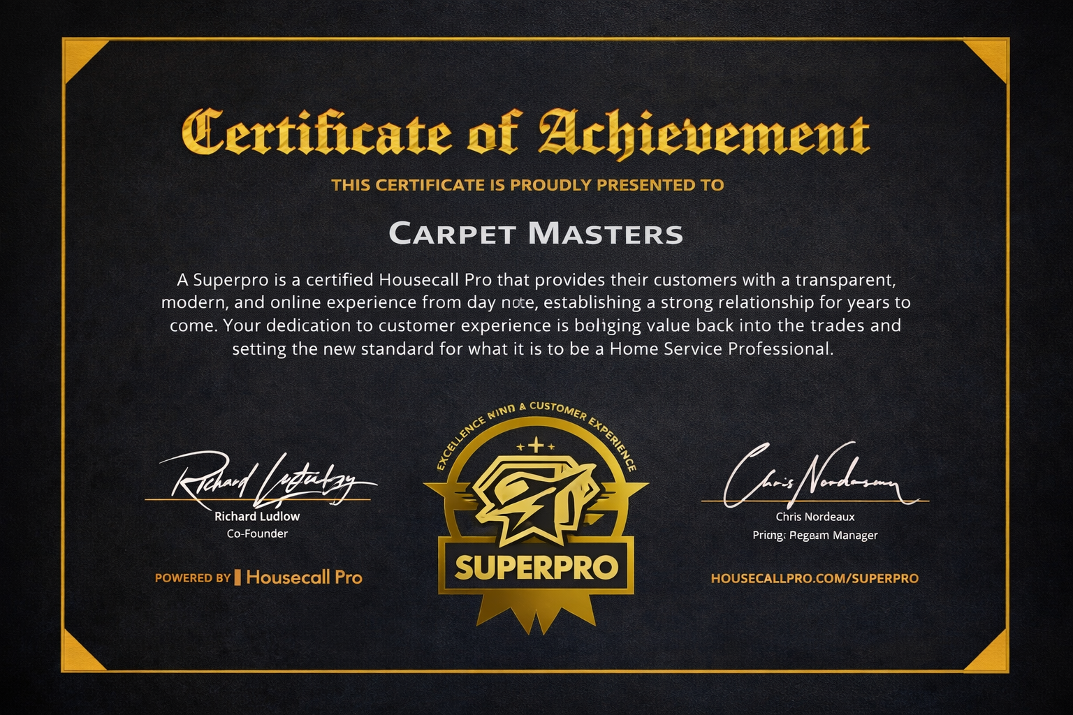 Black-and-gold certificate of achievement for Carpet Masters with SuperPro logo and signatures