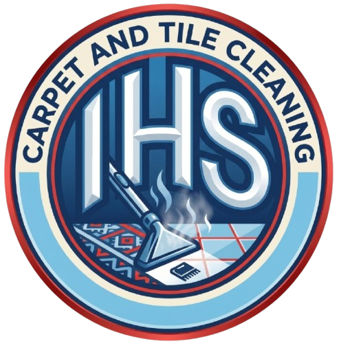 IHS Carpet and Tile Cleaning logo with blue, red, and white circular design and a floor-cleaning icon
