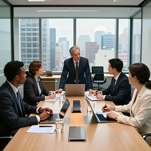 Business meeting in a glass-walled conference room, colleagues around a table with laptops and documents.