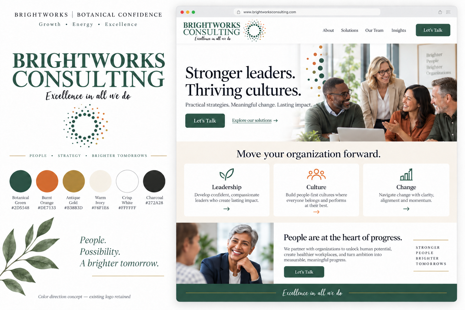 BrightWorks Consulting website mockup with green accents, leadership headline, and office team photos