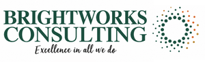 Brightworks Consulting logo with green text, orange-green dotted ring, and tagline