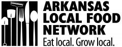 Logo for Arkansas Local Food Network showing silhouettes of garden tools and cutlery with the text: Eat local. Grow local.