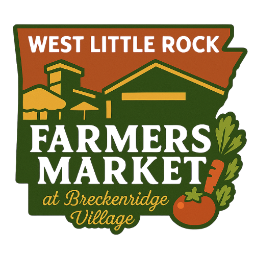 Logo for West Little Rock Farmers Market at Breckenridge Village featuring a building silhouette and a tomato.