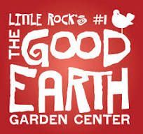 Logo for Little Rock's #1 The Good Earth Garden Center featuring white text on a red background with a small bird icon.