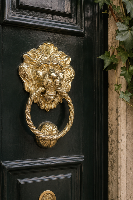 Battente per porta a forma di testa di leone dorata su una porta nera con edera verde nelle vicinanze.