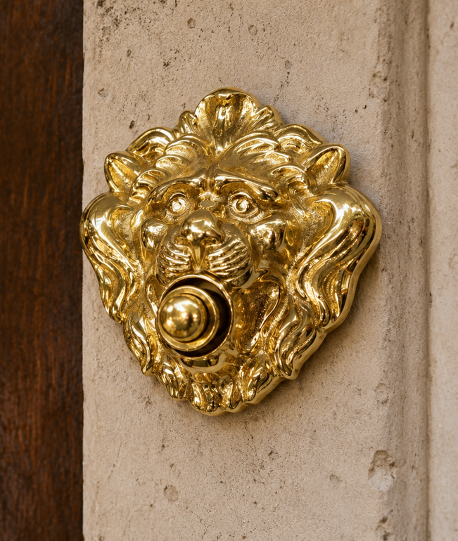 Campanello dorato a forma di testa di leone su un muro di pietra accanto a una porta di legno
