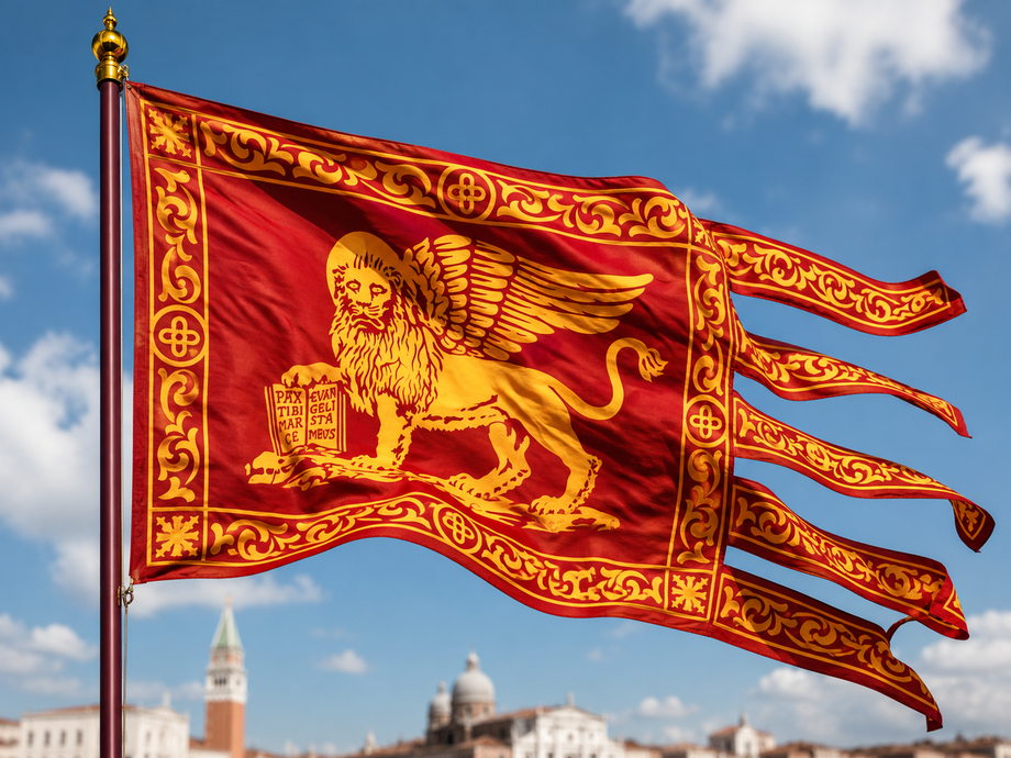 Bandiera rossa con l'emblema del leone alato dorato che sventola contro il cielo azzurro sopra lo skyline di Venezia.
