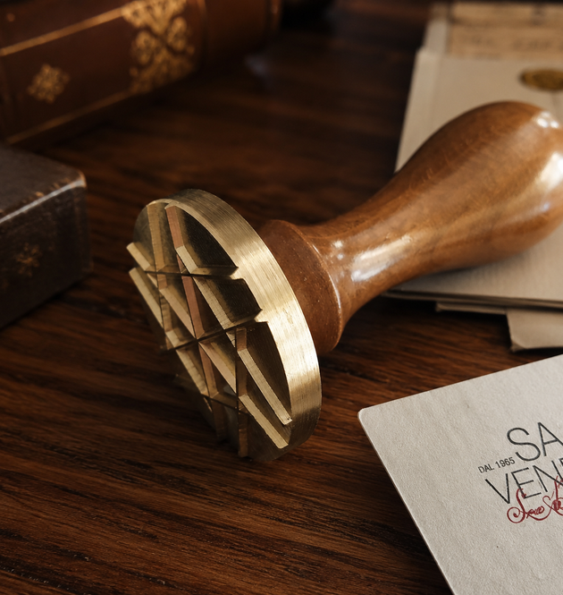 Un timbro di legno a forma di mano su una scrivania scura, accanto a fogli e un quaderno.