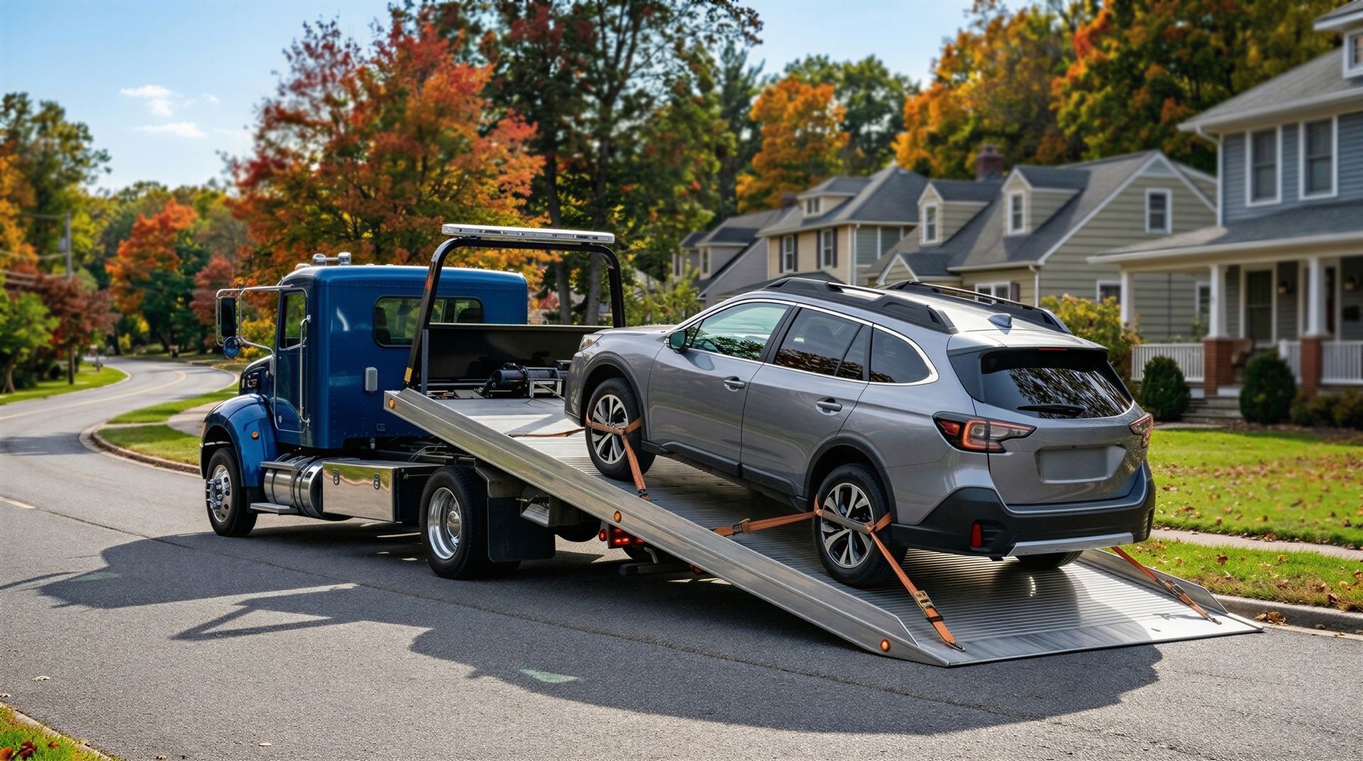 Tow truck hauling a silver SUV on a flatbed in a suburban neighborhood