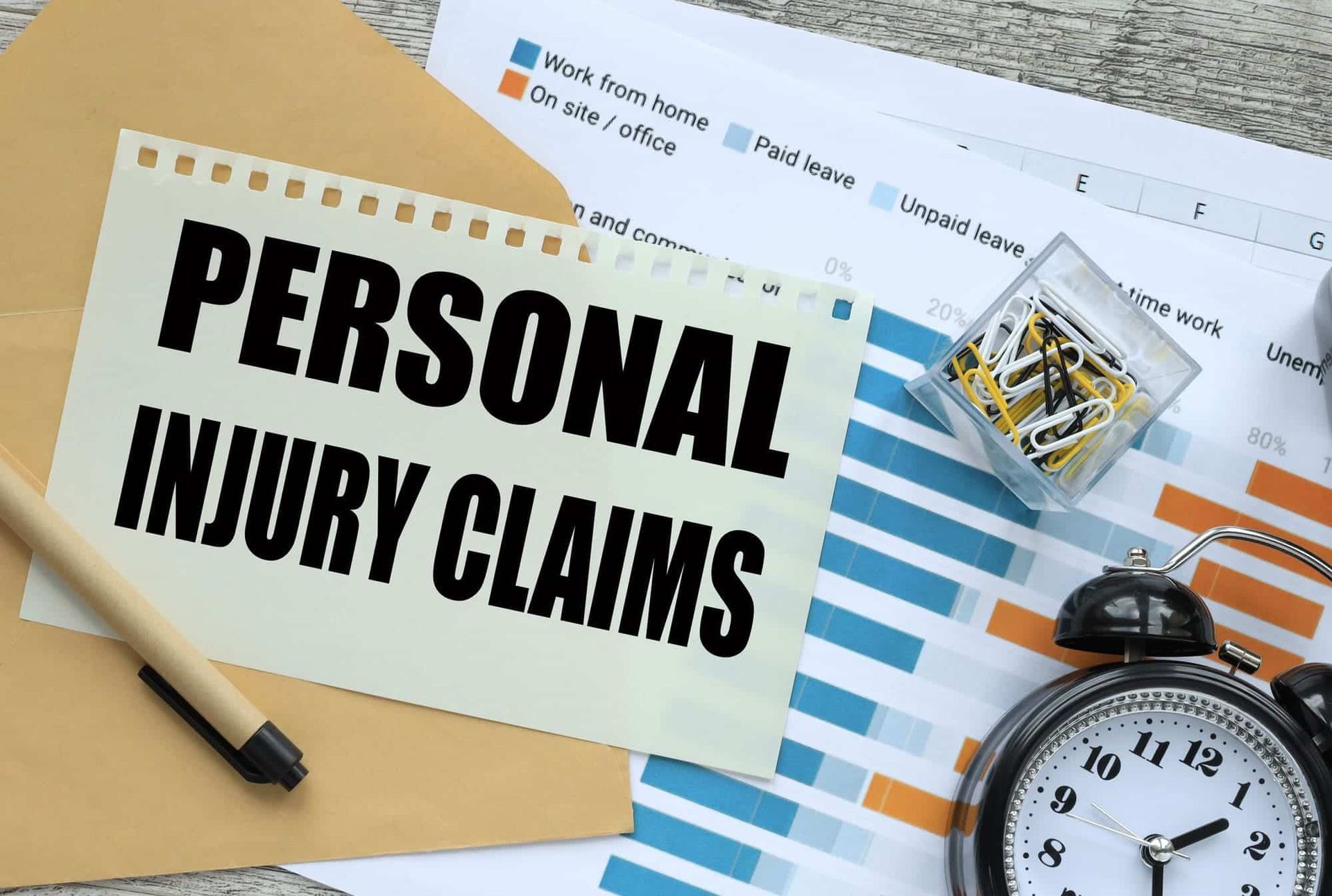 Personal injury claims sign on a desk with notebook, pen, documents, and stopwatch