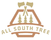All South Tree logo with tan outline, trees, crossed axes, and text