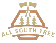 All South Tree logo with tan outline, trees, crossed axes, and text