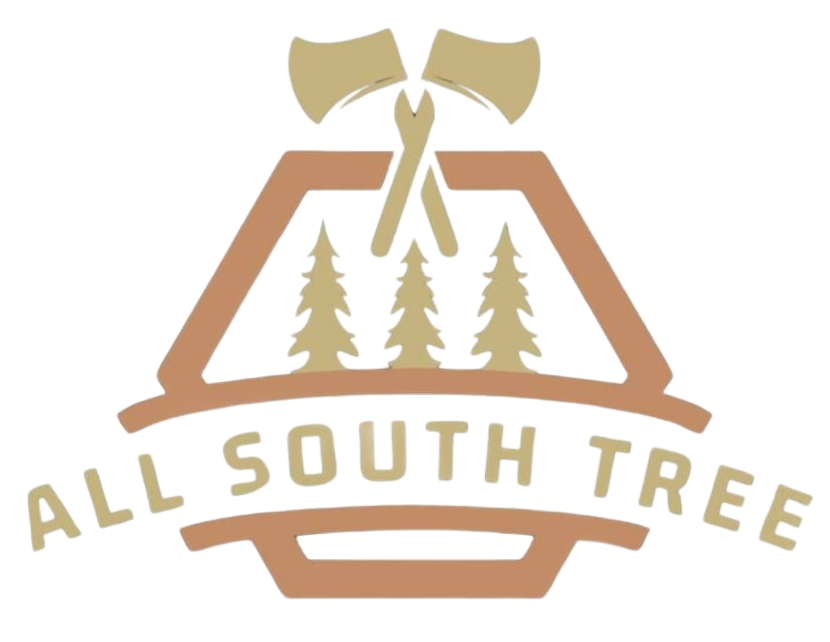 All South Tree logo with tan outline, trees, crossed axes, and text