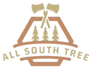 All South Tree logo with tan outline, trees, crossed axes, and text