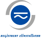 Logo for en registrert elektroinstallatør, med en blå sirkel med en hvit bølge og linje, og tekst under.