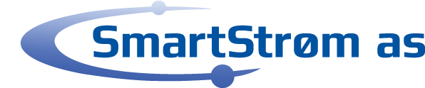 Den blå logoen til «SmartStrøm as» har teksten delvis omkranset av to buede, blå linjer med sirkulære aksenter.