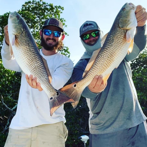 Two men are holding two large fish in their hands