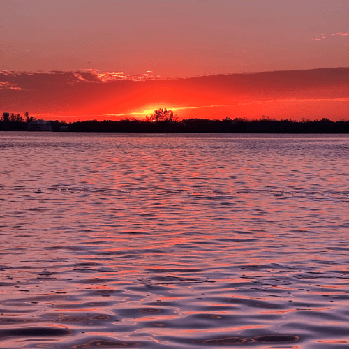 The sun is setting over a large body of water.