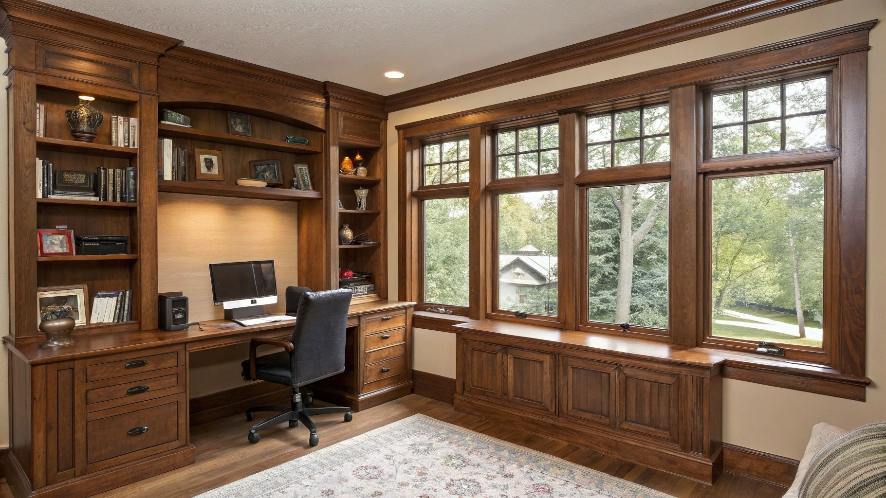 Home office with dark wood built-in desk, shelves, and large windows. A computer sits at the desk.