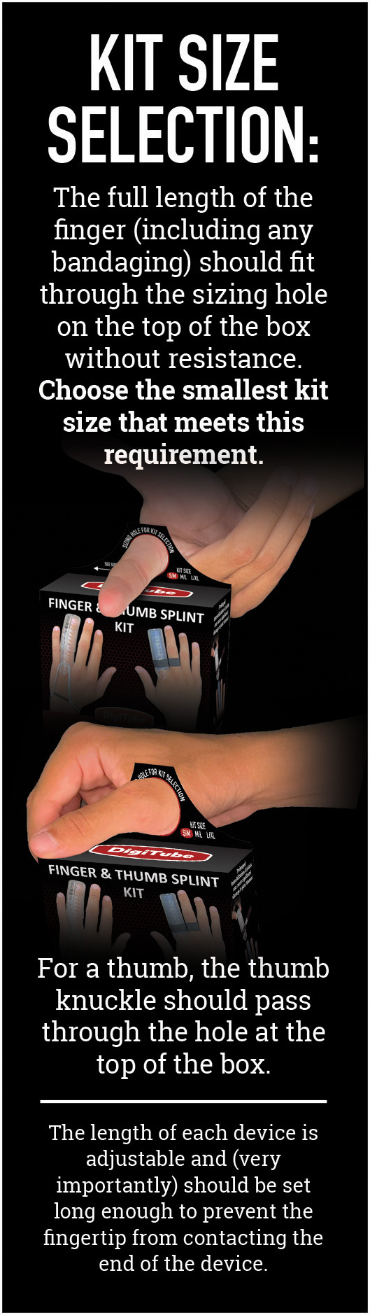 Poster titled “KIT SIZE SELECTION” with text instructions, a small hand holding a kit.