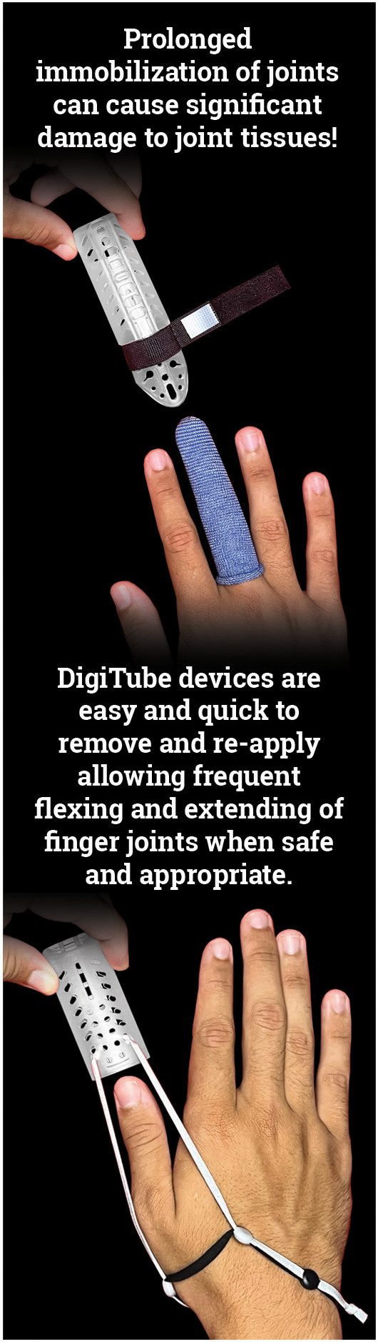 Finger splint applied to injured finger, showing before-and-after support against a black background