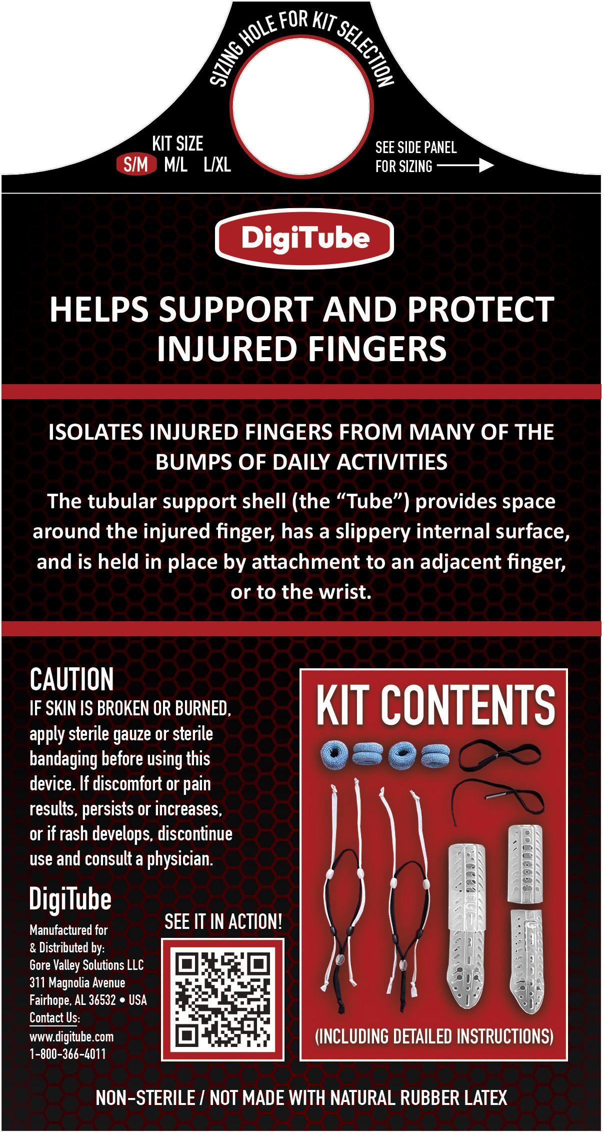 DigitalTuba kit package with red-black design, for supporting and protecting injured fingers, showing contents.