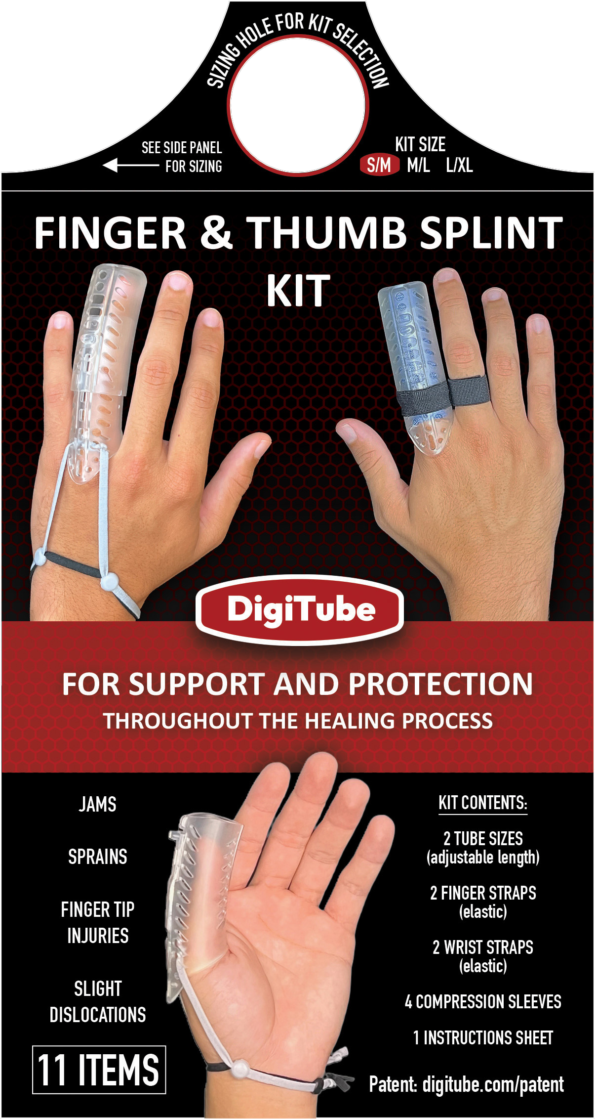 Packaging for DigiTube finger and thumb splint kit, with hands wearing blue splints on a black background