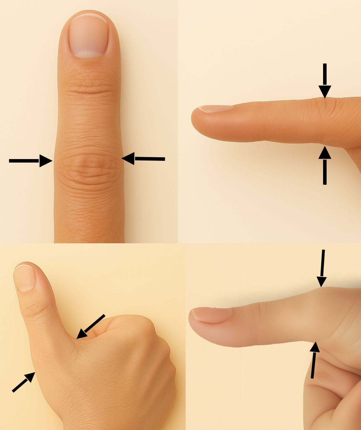 Hand gesture diagram showing finger and thumb directions with arrows for joint movement.