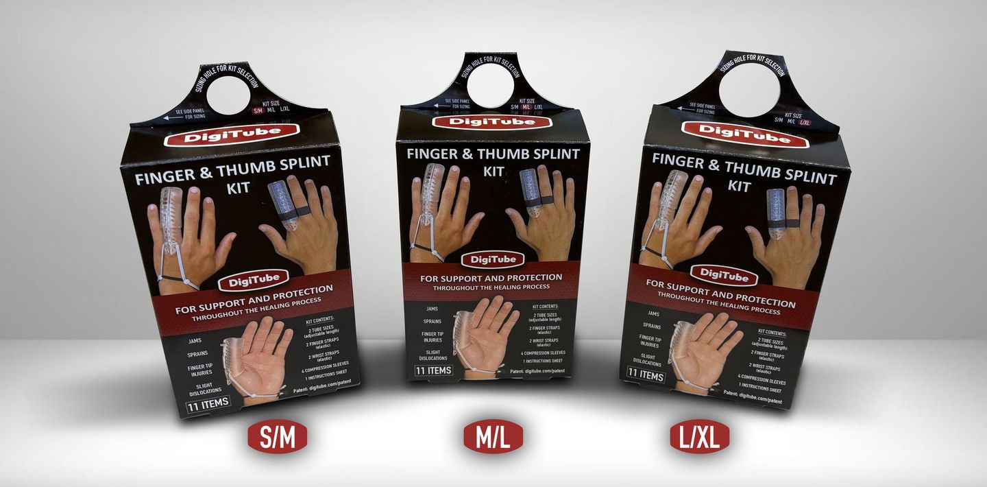 Three black hand grip exercisers in red-and-black packaging, labeled S/M, M/L, and L/XL.