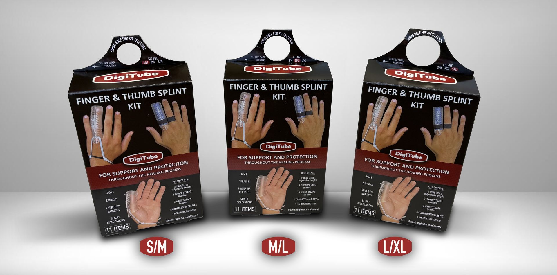 Three black hand grip exercisers in red-and-black packaging, labeled S/M, M/L, and L/XL.
