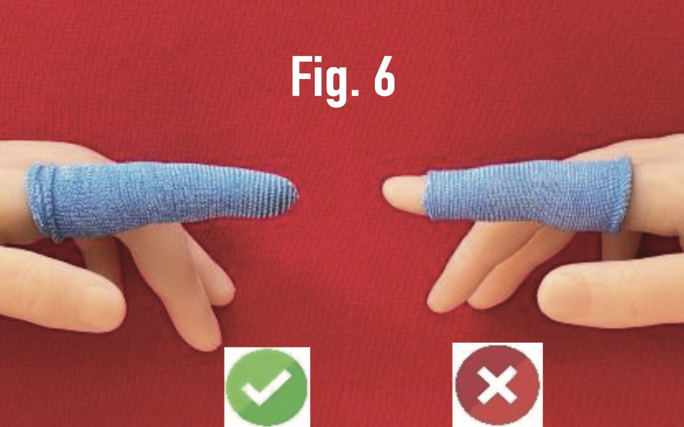 Two hands with blue finger wraps shown in correct and incorrect wrapping positions on a red background.