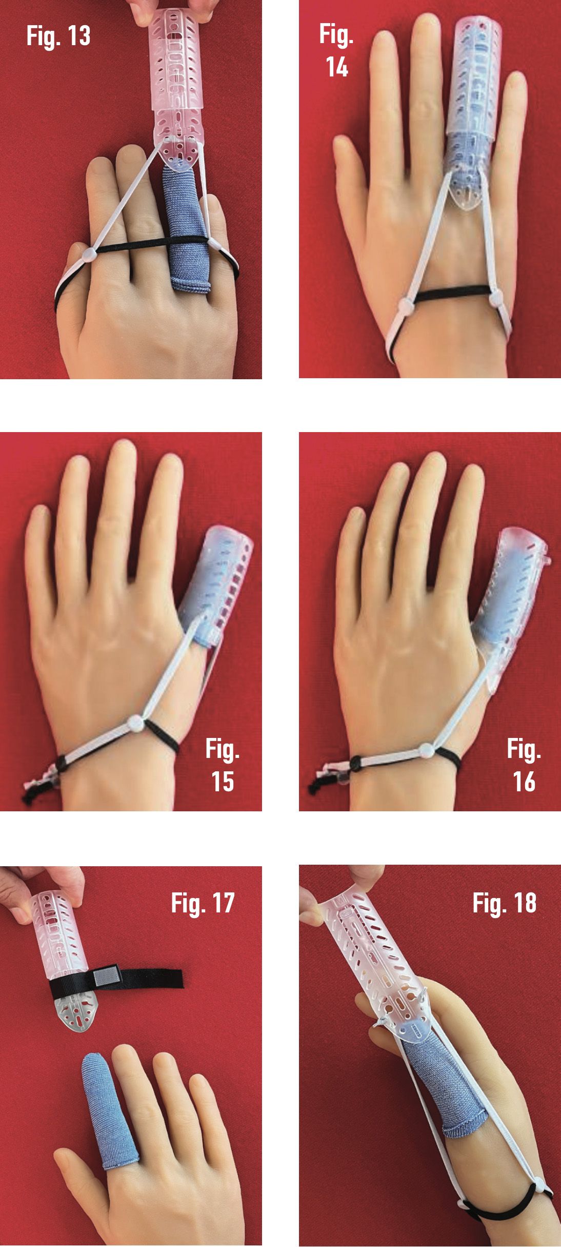 Collage of a hand wearing blue-and-gray DigiTube finger splints in several front, side, and palm views