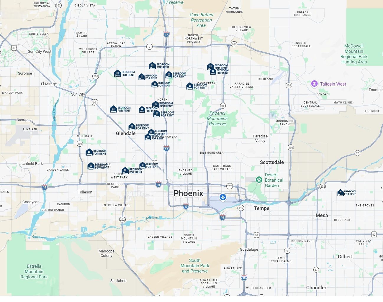A map of the Phoenix area showing locations of multiple Bedroom For Rent offerings