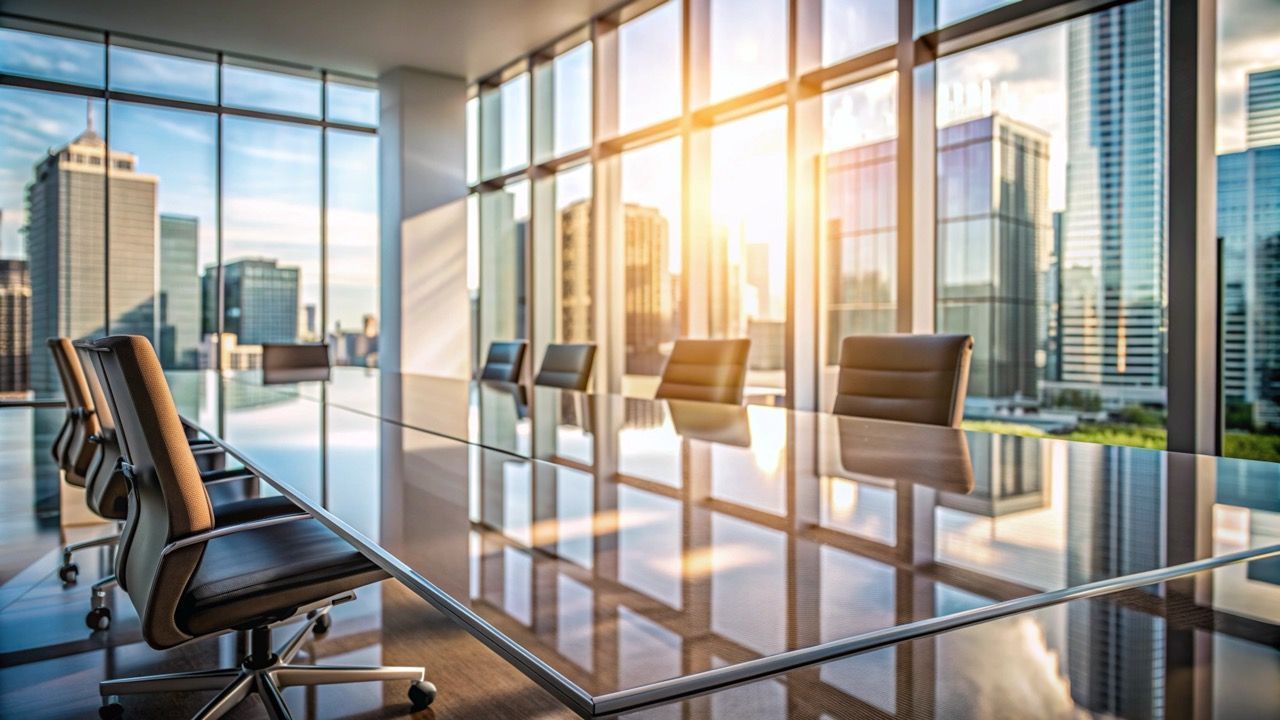 Empty boardroom with a large glass table and leather chairs, city skyline view with bright sunlight.