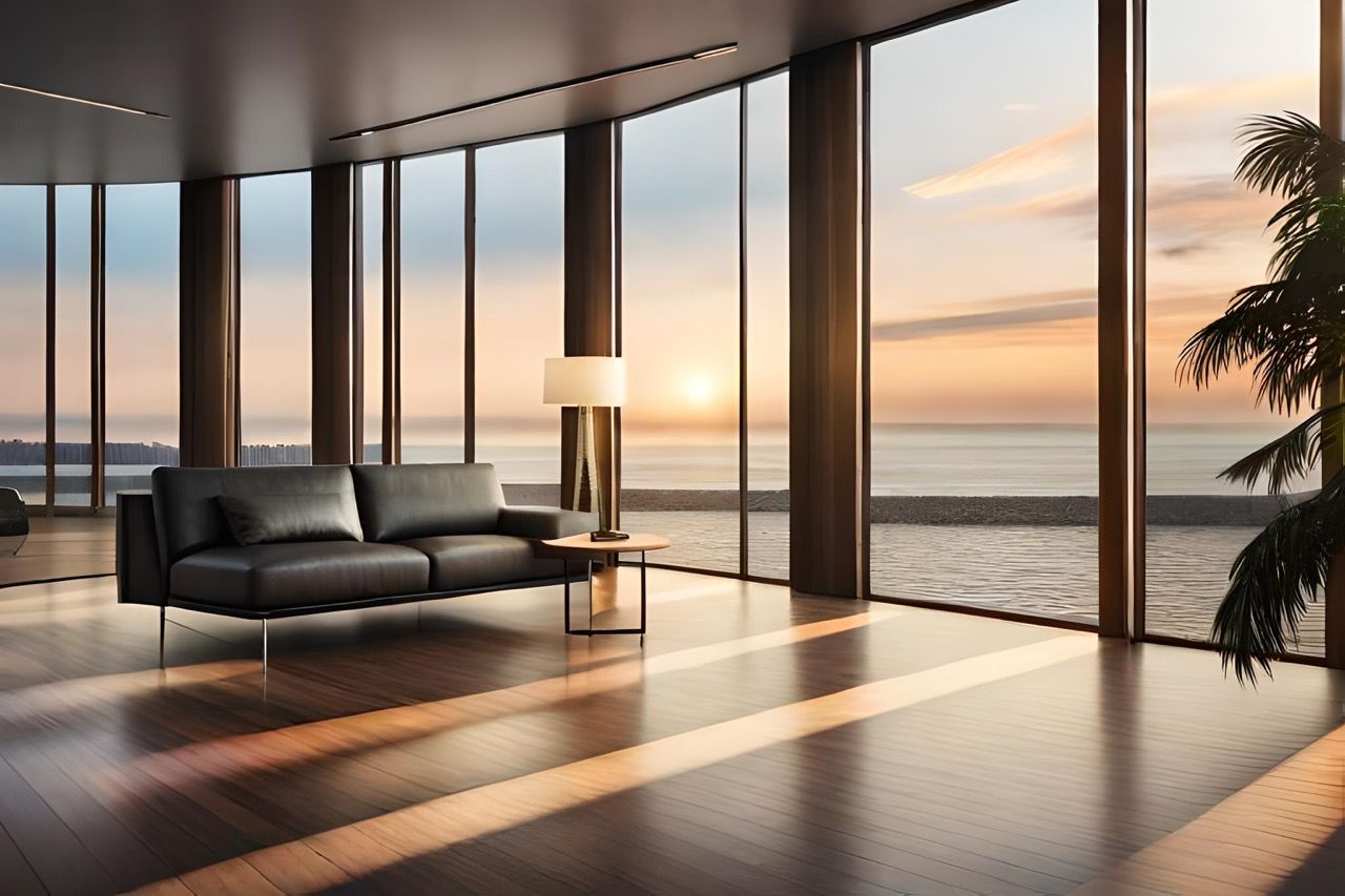 Modern living room with floor-to-ceiling windows overlooking a sunset ocean view, leather sofa, lamp.