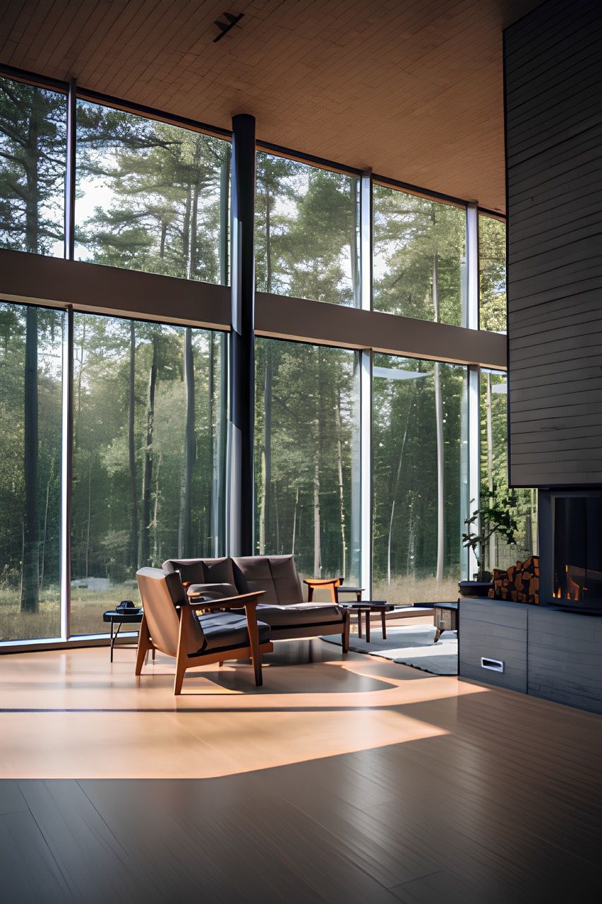 Living room with large windows overlooking a forest; brown couch, fireplace, natural light.