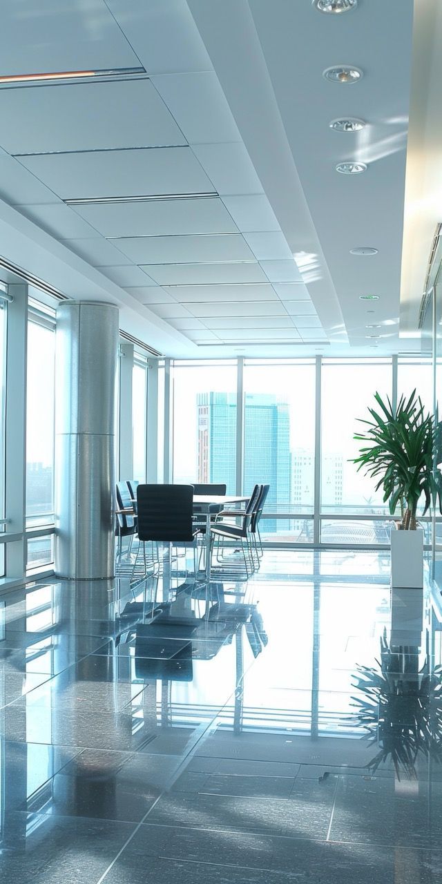 Interior of a modern office building with large windows and a reflective floor.