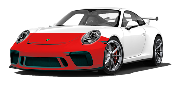 White Porsche sports car with a red front section.