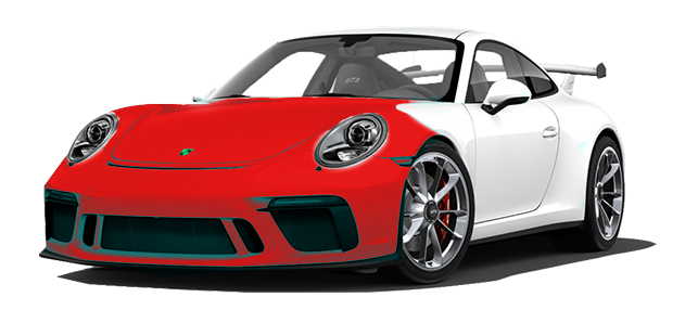 Red and white Porsche sports car.