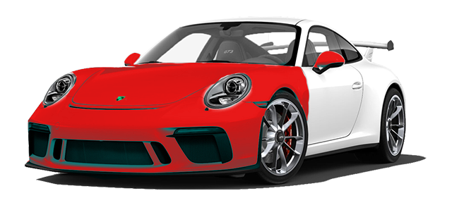 Red and white Porsche car. Half red, half white.