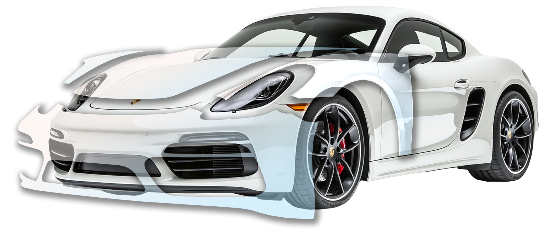 White Porsche coupe with a transparent overlay showing component parts.
