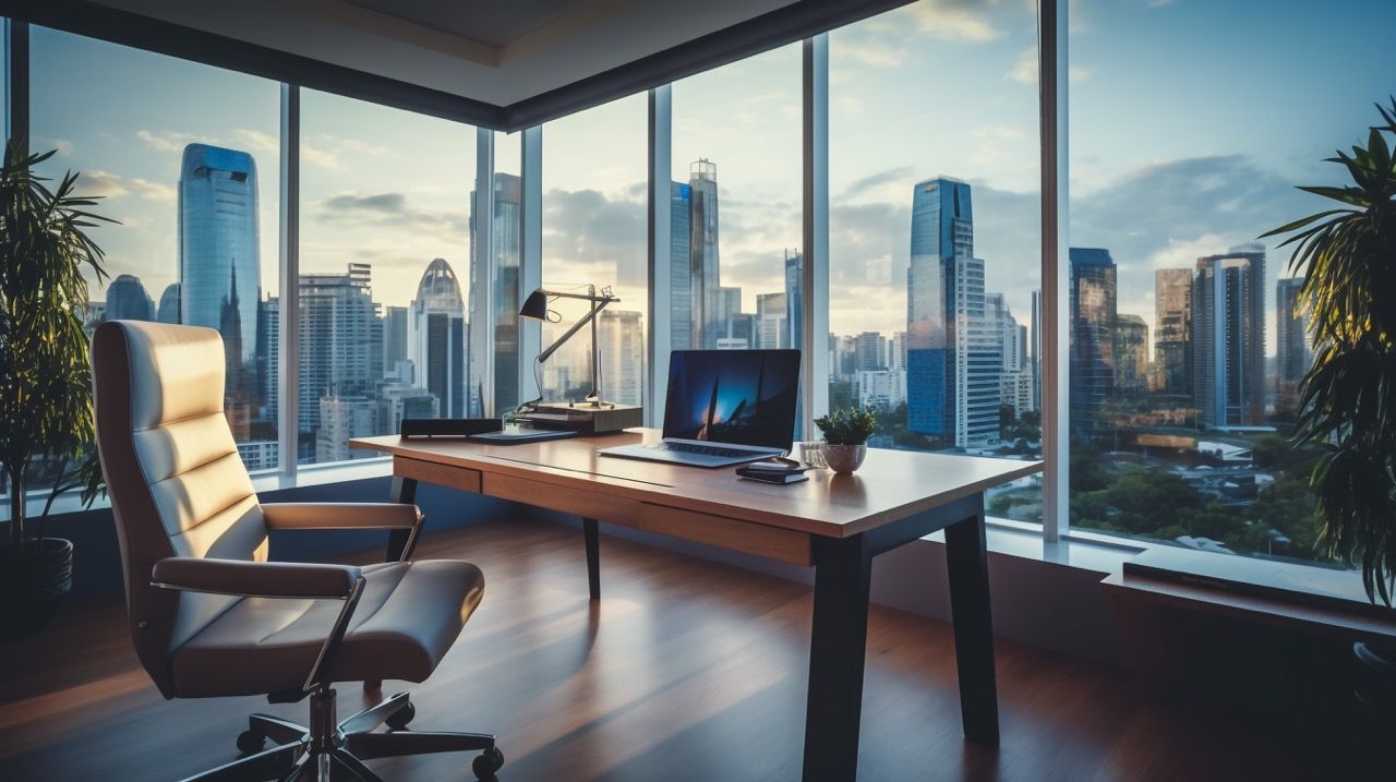 Office with a desk, laptop, and chair, overlooking a city skyline.