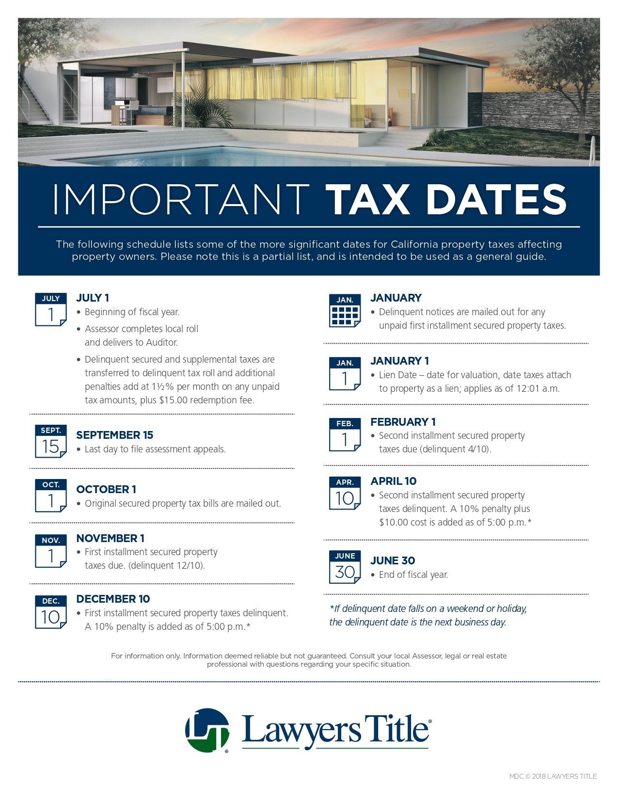 A flyer for important tax dates with a picture of a house.