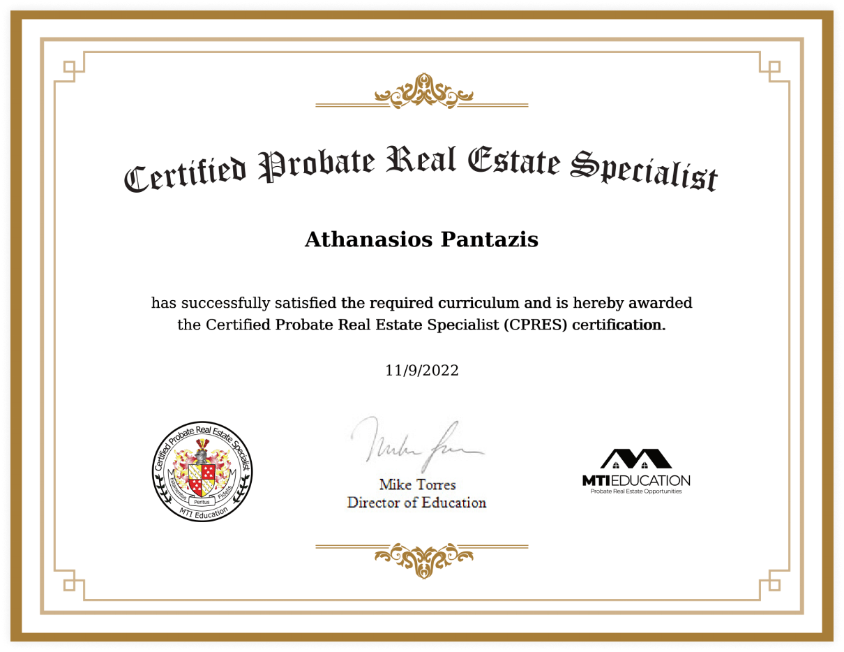 A certificate for a certified probate real estate specialist
