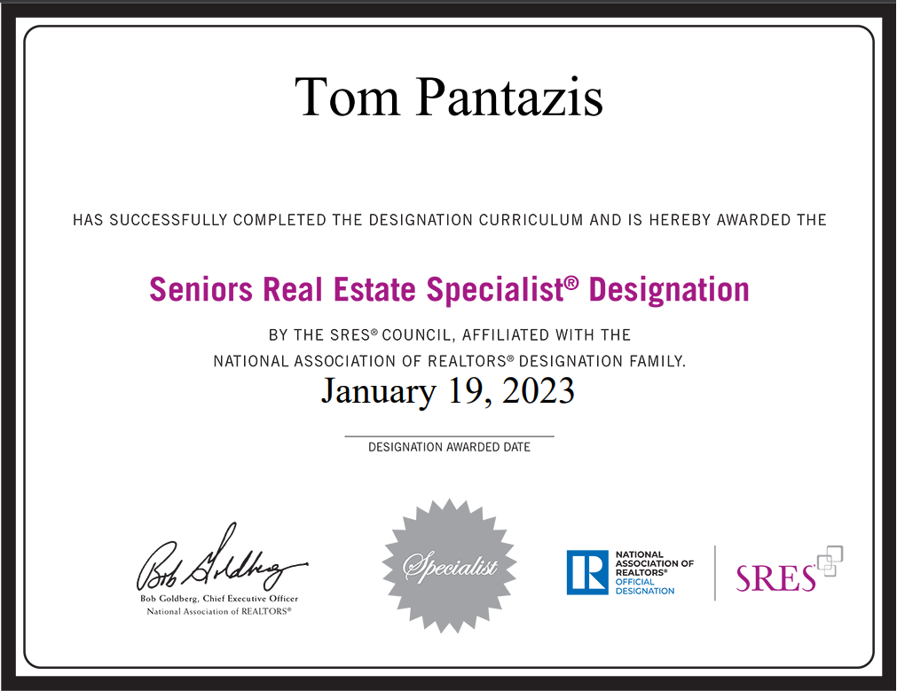 A certificate that says tom pantazis seniors real estate specialist designation