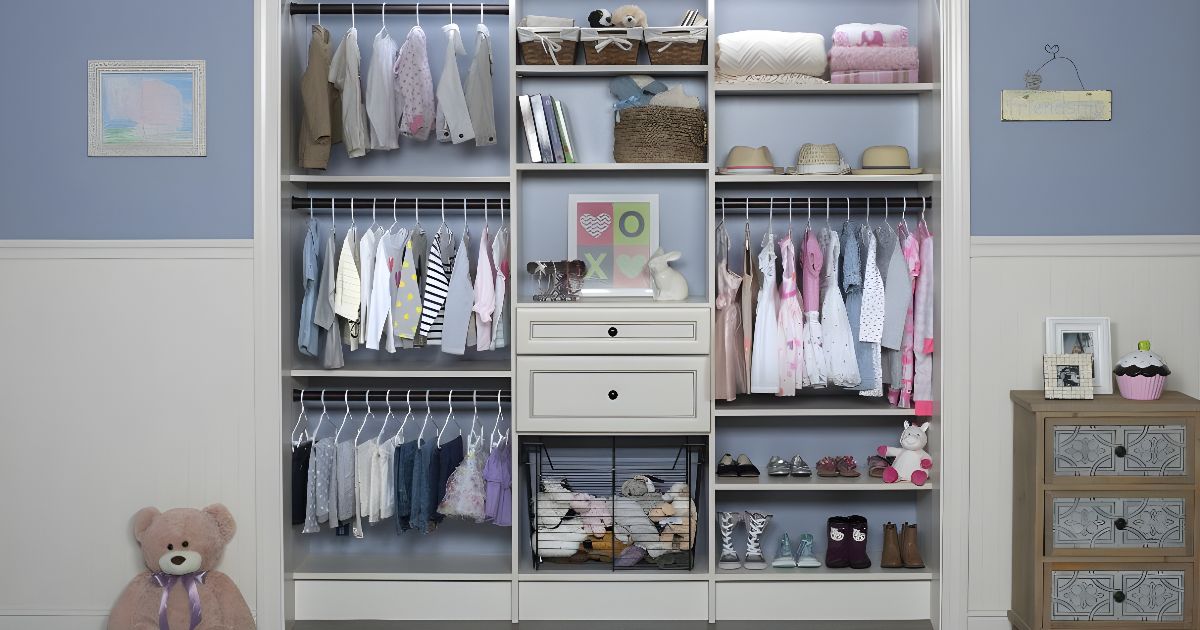 Closet organized with children's clothing, shelves, and drawers. A teddy bear sits nearby.
