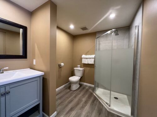 A bathroom with a toilet , sink , mirror and walk in shower.