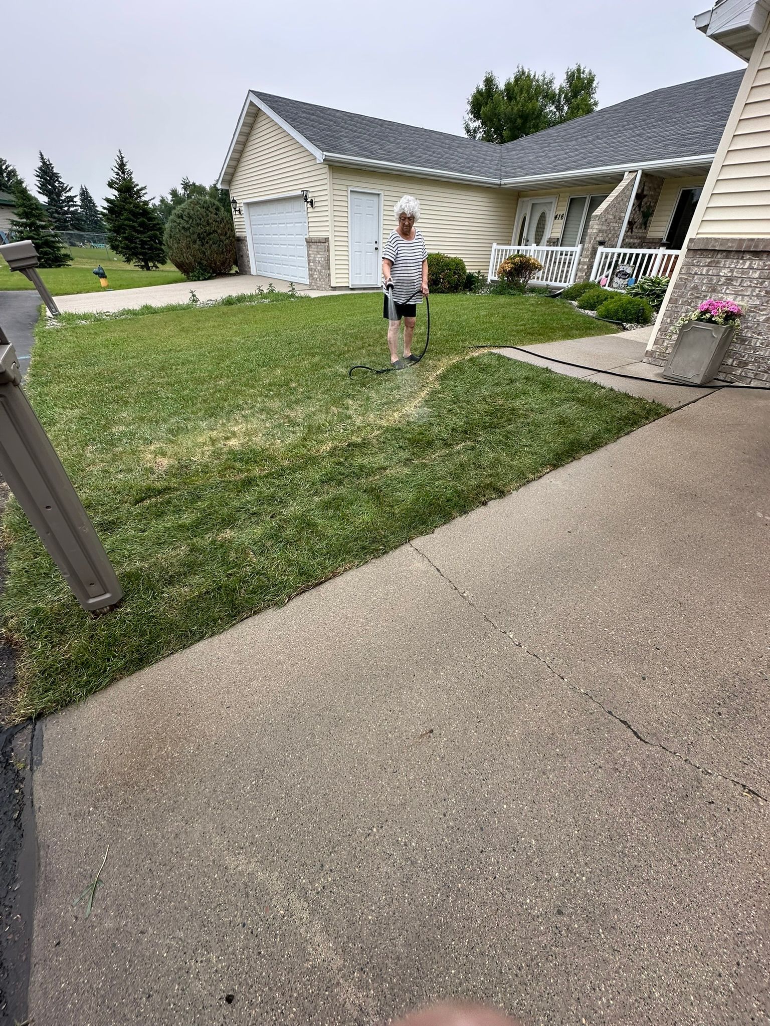 Person standing on a grassy lawn beside a driveway and house with white siding.